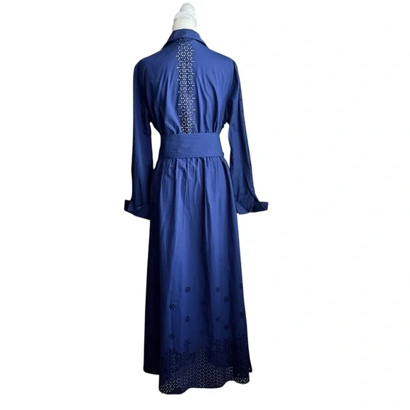 ME+EM Blue Cotton Broderie Shirt Dress Belted Maxi Eyelet Hem US 8 Quiet Luxury - Picture 9 of 16